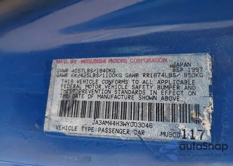 1998 Mitsubishi 3000 Gt from USA, damaged, VIN JA3AM44H3WY003046